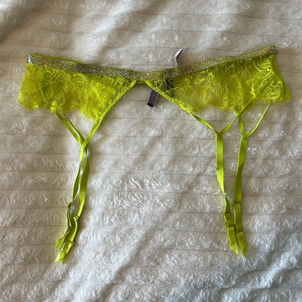 Victoria's Secret Neon Yellow Lace Garter Belt Shine Rhinestone